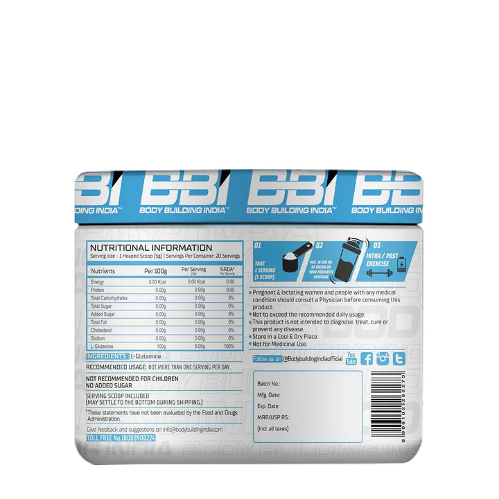 Body Building India BBI L-Glutamine 100g (20 Servings) Product vendor